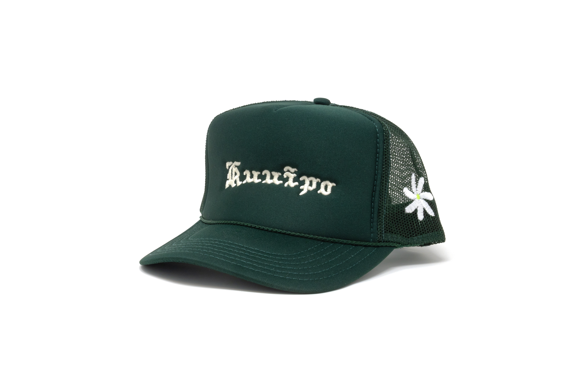Dark green trucker hat with “Kuʻuipo” embroidered in white old English font on the front, and a white embroidered pua na'u on the mesh side panel.